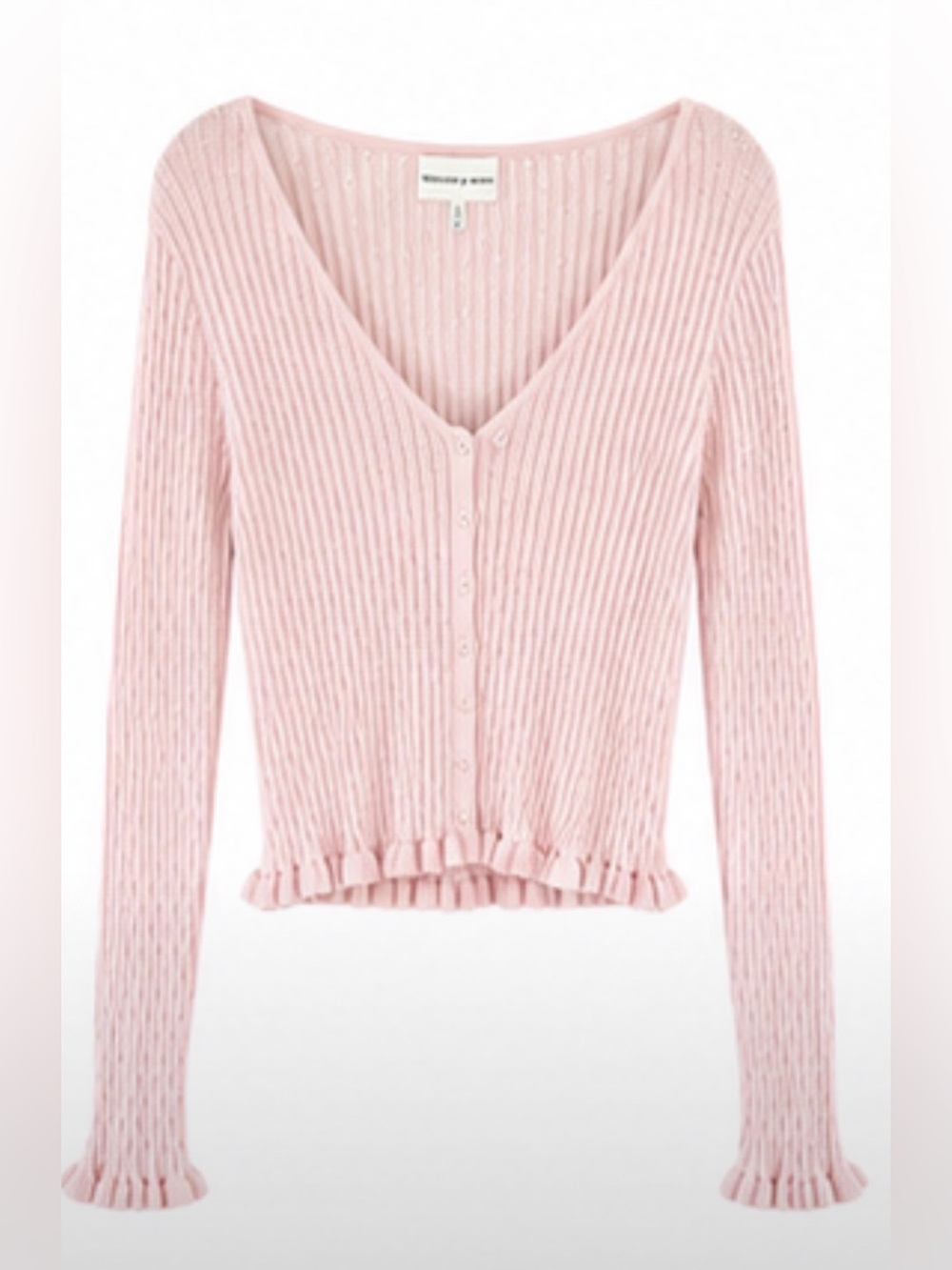 Ruffled Hem Light Pink V-Neck Ribbed Button Cardigan